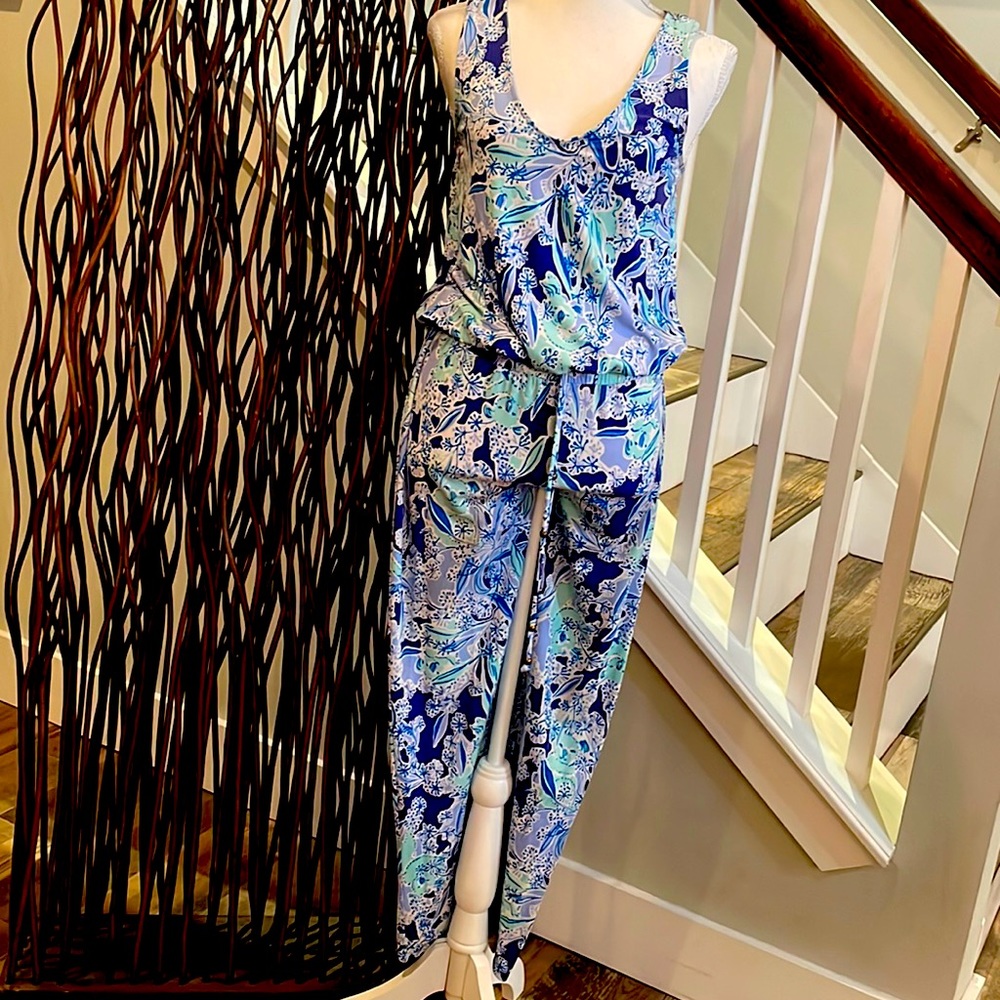 Lilly Pulitzer Blue & Aqua Floral Jumpsuit Romper - Picture 4 of 6